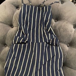 Reformation Navy Blue White Striped Open Back 70s Jumpsuit